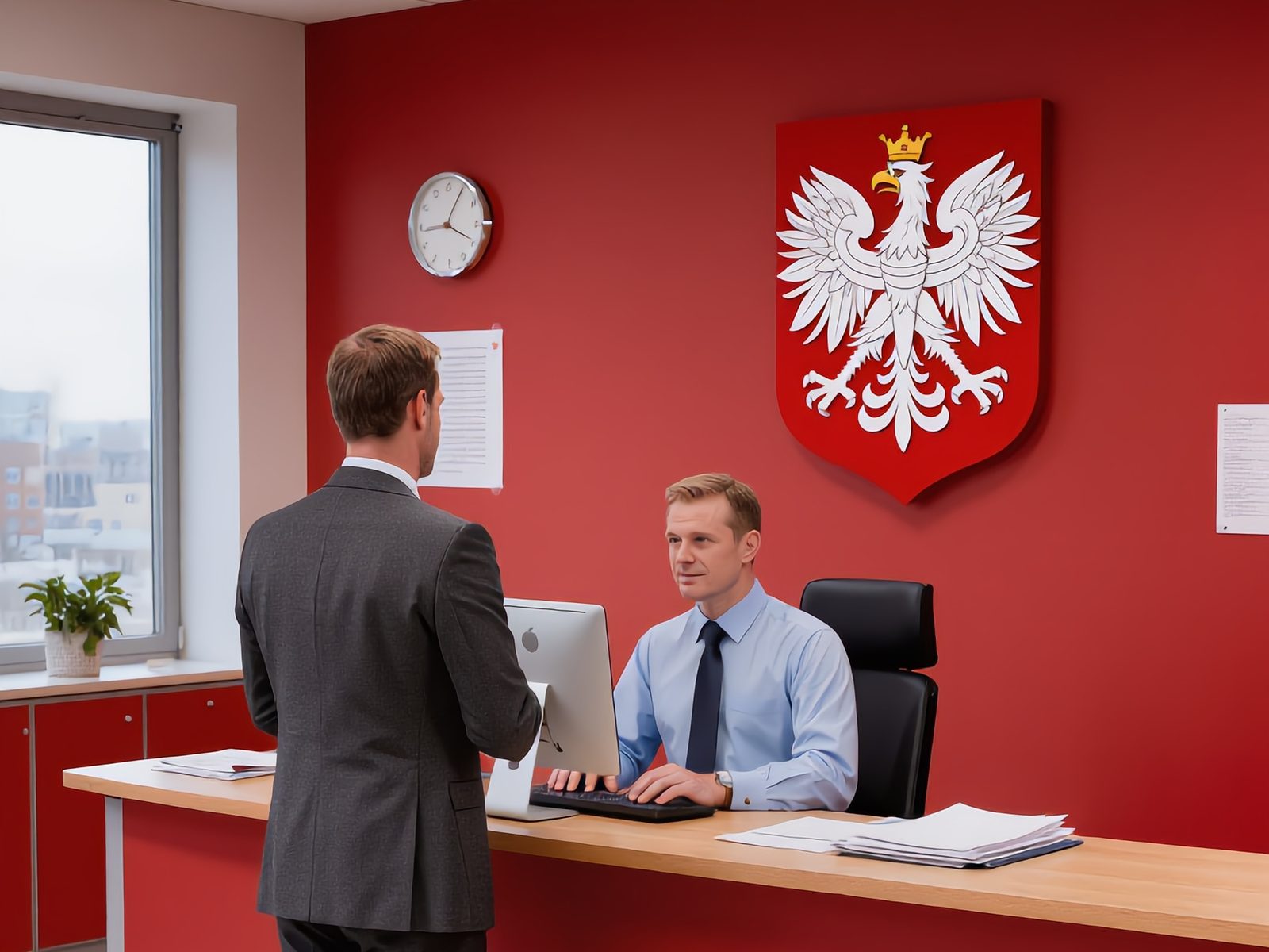 Punkt obsługi w urzędzie — interesant przy ladzie, urzędnik przy komputerze, w tle godło Polski